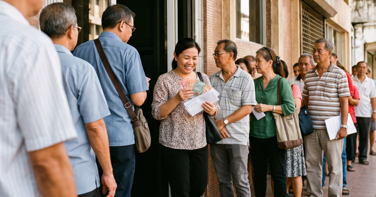 Residents with letters and documents queuing at a local service counter